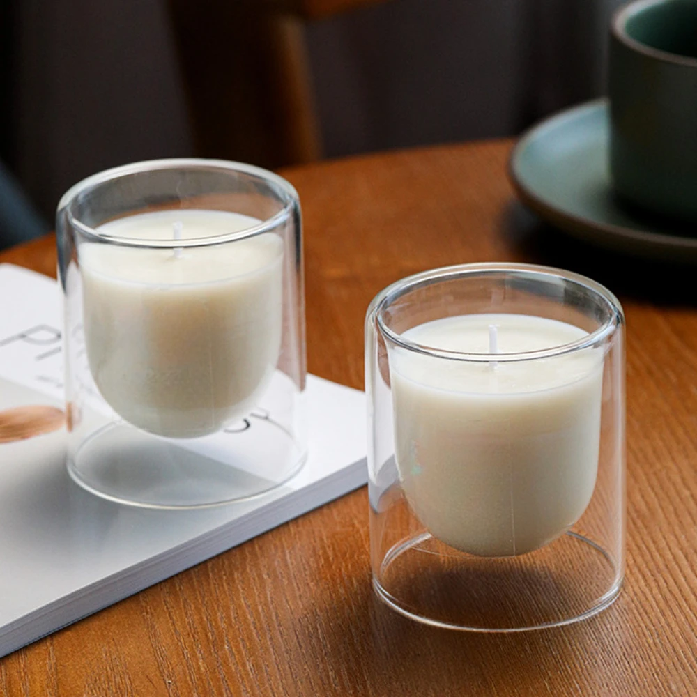 Custom Luxury Design Double Class Holder Candle Container Cylinder Glass Candle Jar for Scented Wholesale Candle Making Supplies