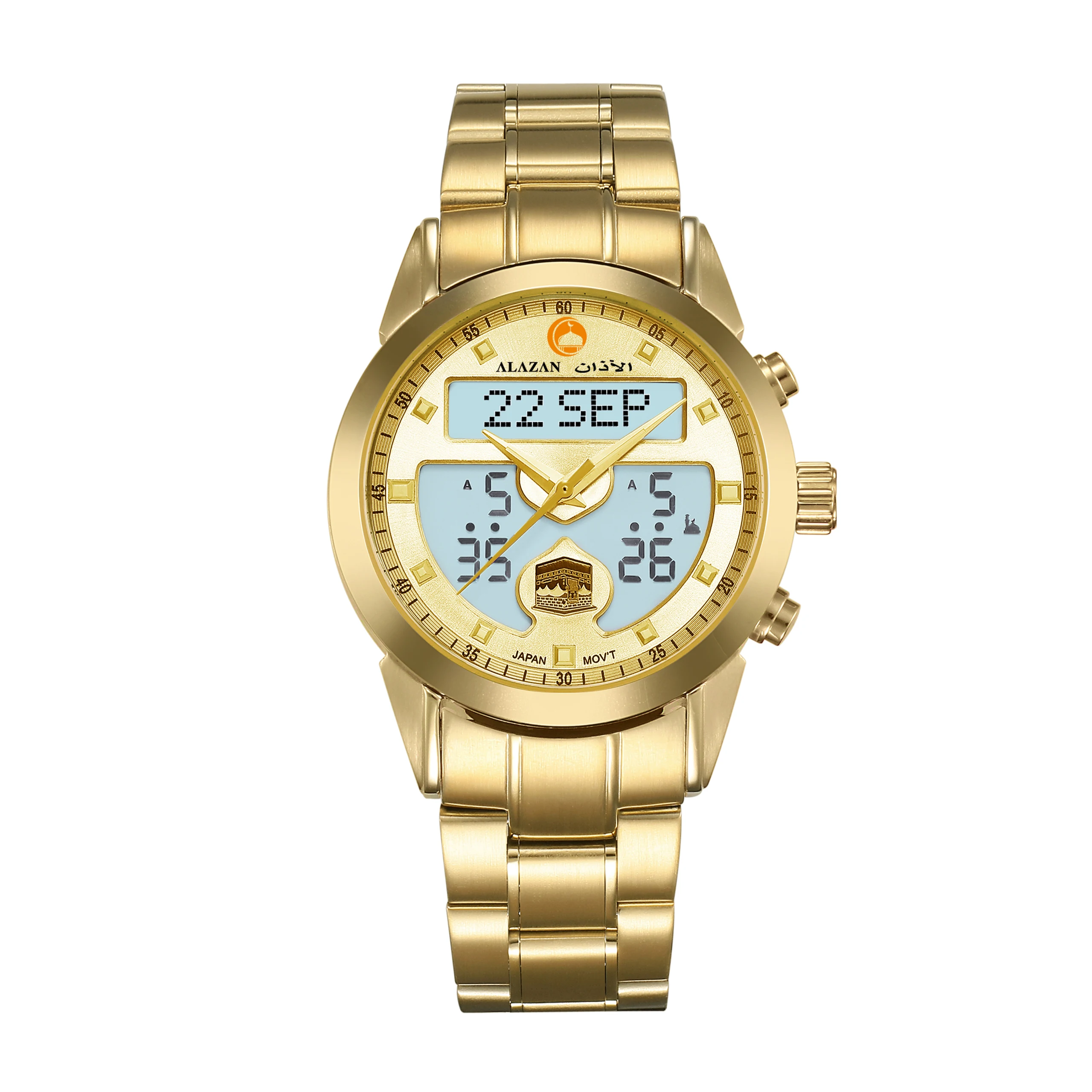 alazan Islamic alasr muslim azan alfajr Stainless steel dual time pray qibla compass waterproof Digital watch factory wholesaler