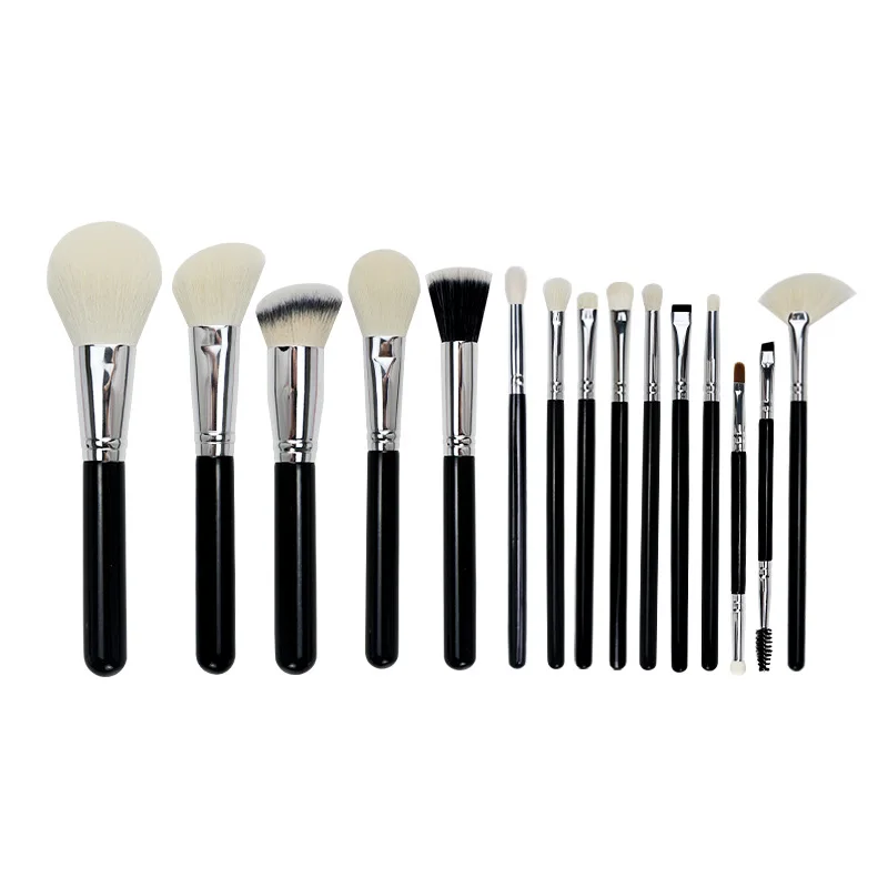Custom Design Animal Hair Makeup Brush Set Goat Hair Professional Makeup Artist Black Handle 15 Pieces Makeup Brushes