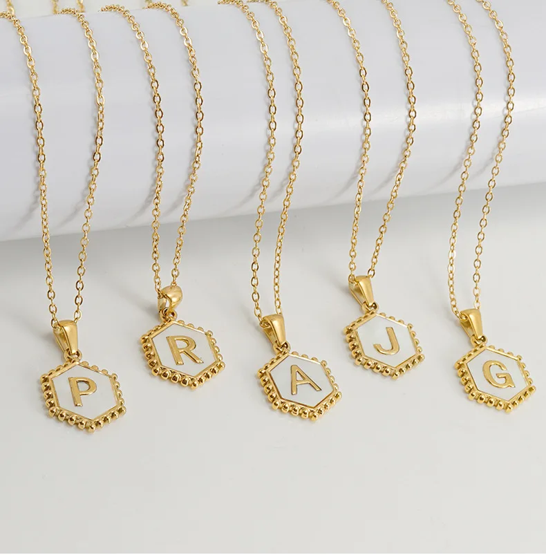 Wholesale New English Alphabet Letter Choker Jewelry 18K Gold Plated Stainless Steel Hexagon Shell Name Initial Pendent Necklace