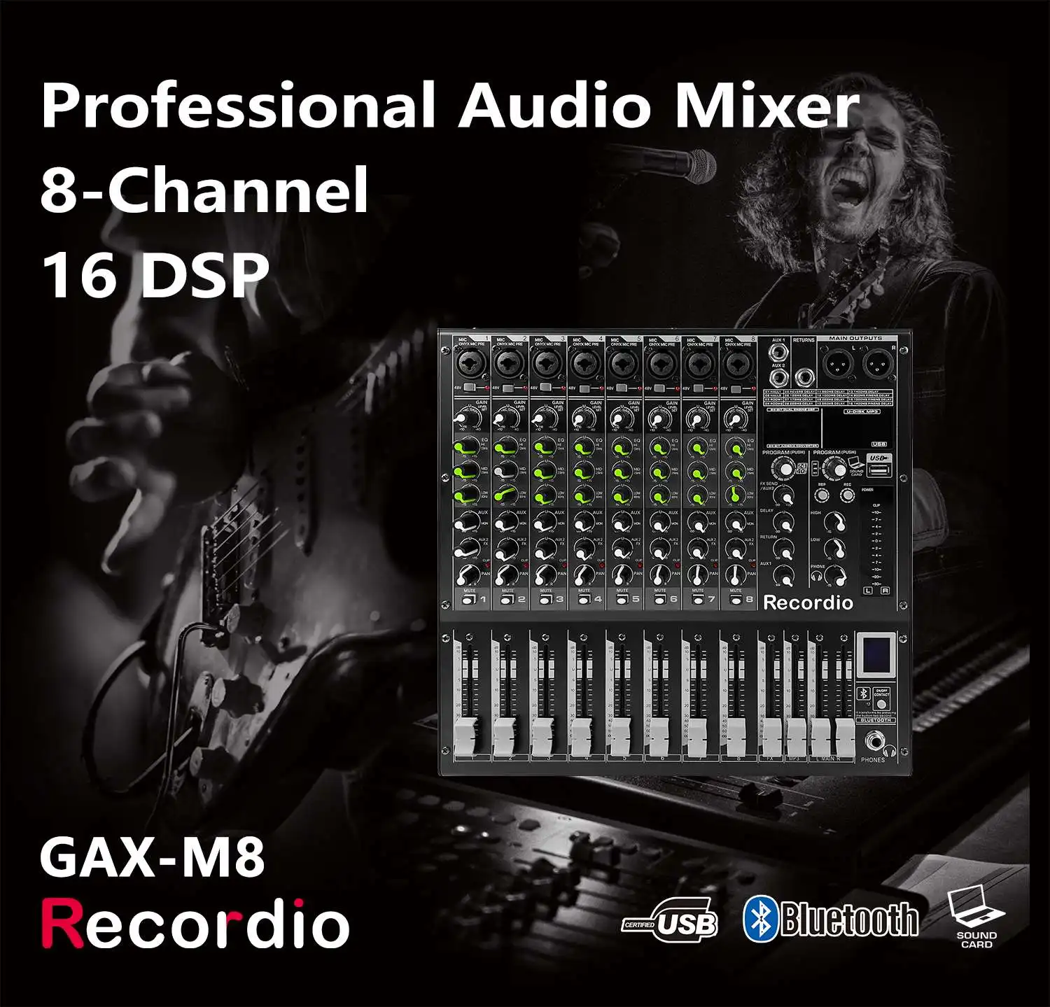 GAX-M8 Pro 8-канальный сетевой видеорегистратор DJ микшер с 16 DSP эффект реверберации BT 5 0 USB смеситель для караоке персональный компьютер запись