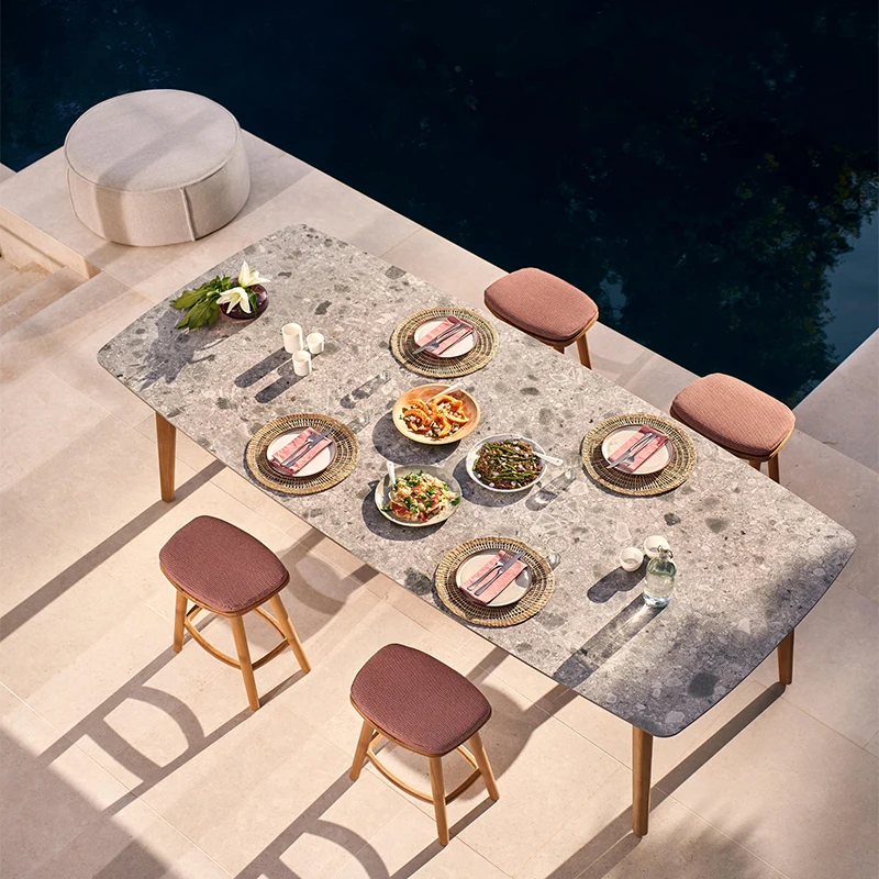 Современная уличная мебель для отеля, прямоугольная уличная мебель из тика с стульями