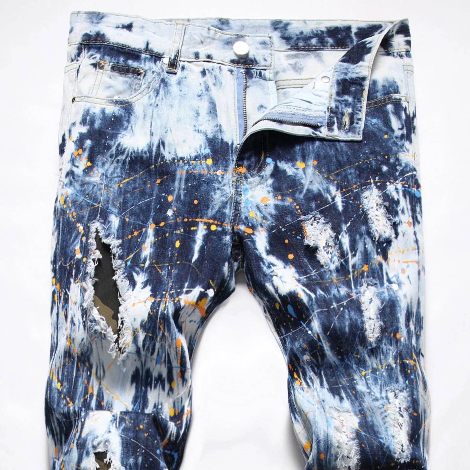 Blue Ripped Jeans for Man Hand Tie Bleached Color Ink Patch Camo Cloth Straight Leg Jeans