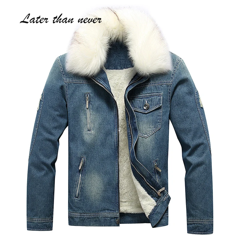 New Design Street Wear Fur Lined Mens Jean Jacket 100% Cotton Winter Warm Black Fitted Jeans For Men Denim Jacket