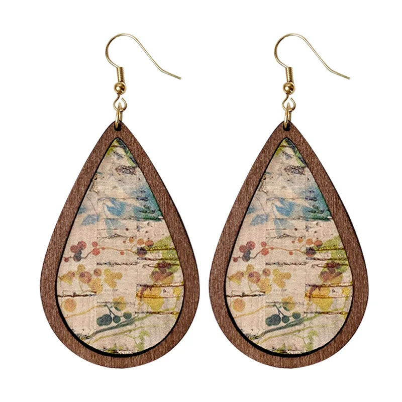 Morocco Waterdrop Glitter Pu Leather Earrings Leopard Print Cork Leather Fashion Jewelry Ethnic Teardrop Brown Wooden Earrings
