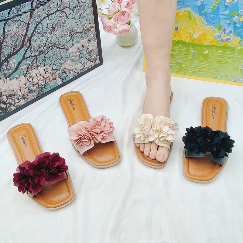 New Popular original flower leather flat sandals slippers for women slides outdoor casual trend slipper shoes