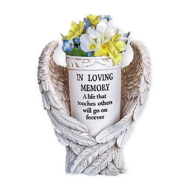 Handcrafts Custom wholesale Resin Angel Statue Memorial Grave Flower Holder Vase Garden Decoration