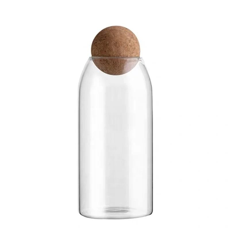 Factory supply easy to clean spices corked glass jar food storage with ball-shaped