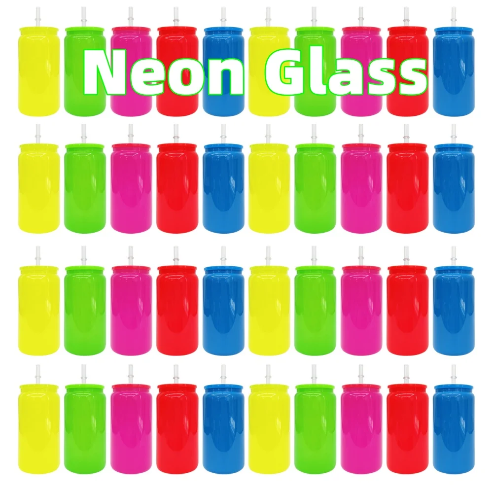 China US Warehouse 16oz neon colored glass cup blank sublimation can shaped neon glass can with plastic lid and straw for UV DTF