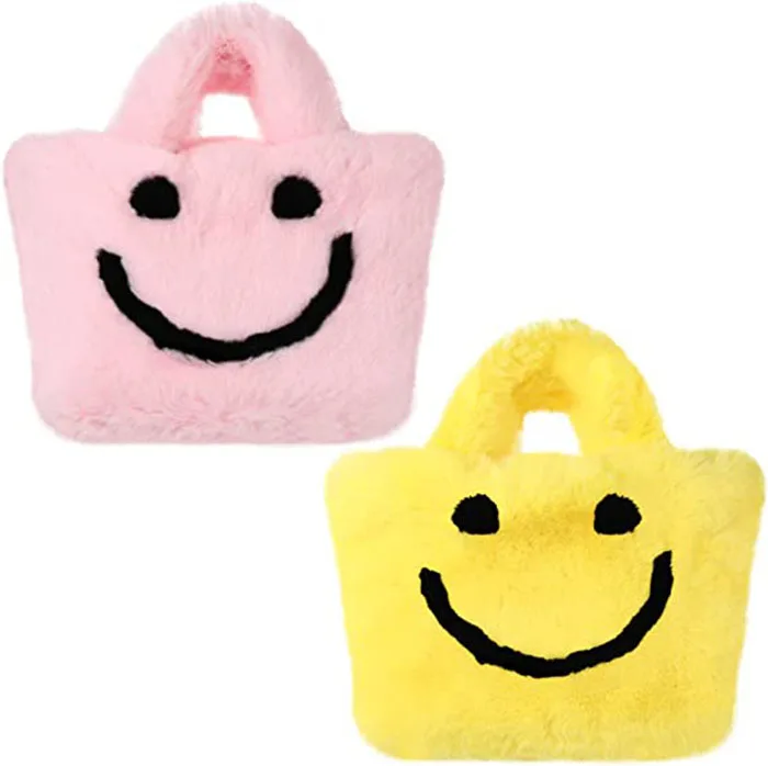 3183 Cute Fluffy Yellow / Pink Smile Face Design Plush Women Handbag Portable Faux Fur Clutch Tote Bag Girls Gift Plush Bag