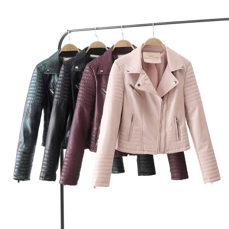 Women Smooth Motorcycle Faux Leather Jackets Ladies Long Sleeve Biker Streetwear Black Pink Coat