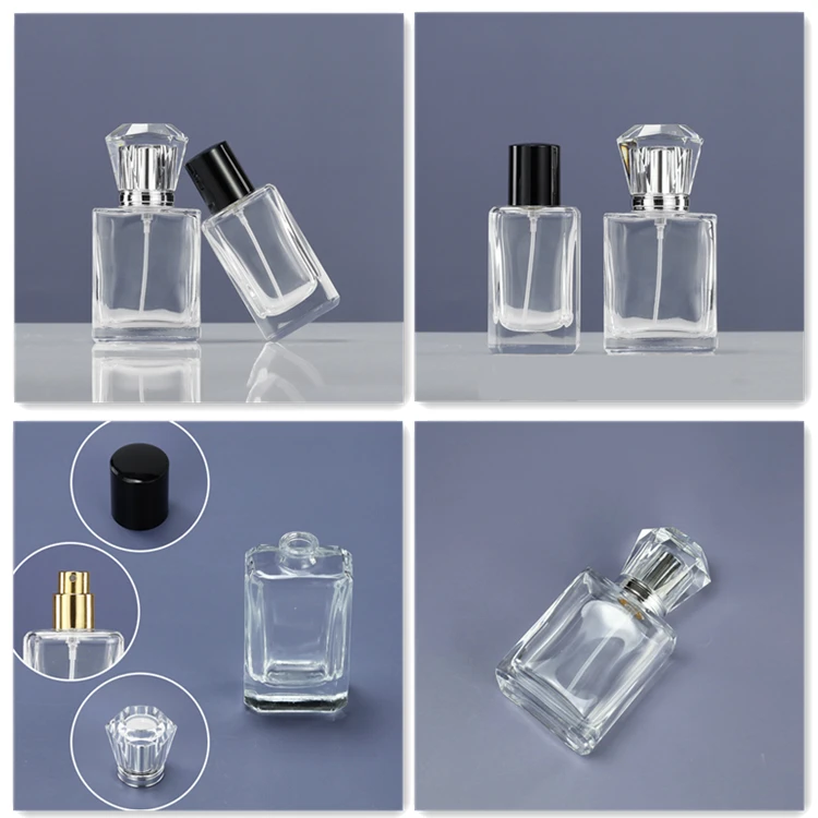 wholesale 50 ml empty clear square glass perfume 50ml bottle with crystal gemstone cap
