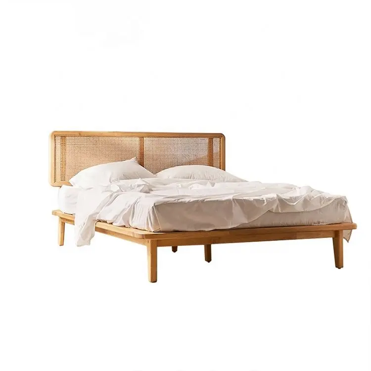 Japanese Style Solid Wooden Bedroom Furniture Rattan Bed  Headboard Design King Size Wooden Bed