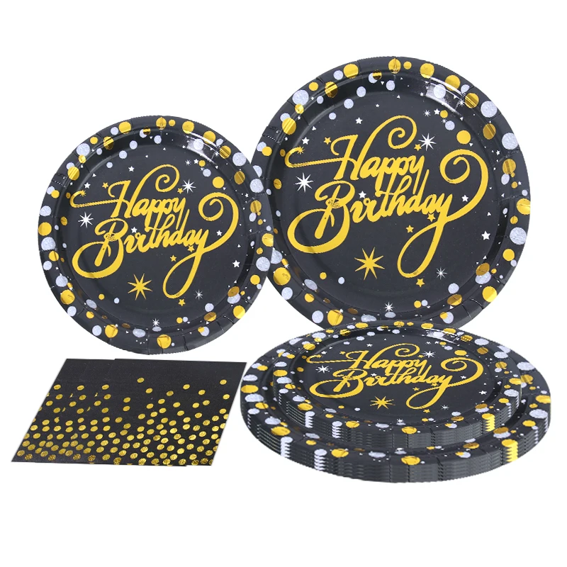 NEW Disposable Serves 24 Tableware Set Gold Black Happy Birthday Party Paper Plates Napkin Cup Set Party Plate Set For Birthday