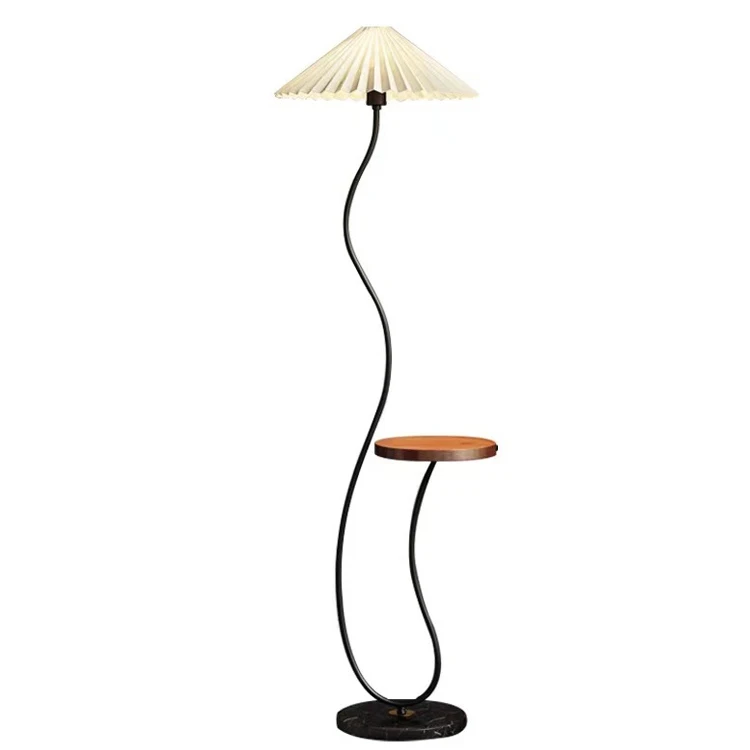 Led Decorative Black Standing Floor Light With Table Marble Base Iron Fabric Shade Dimmable Morden Floor Lamp For Living Room