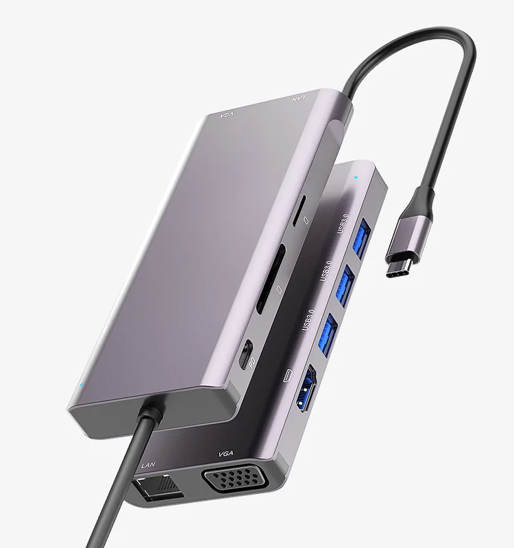 China Manufacturer OEM Custom Extension 3 USB 3.0 Port USB Hub 9 in 1 Type C Docking Station with card reader PD HD-MI LAN VGA