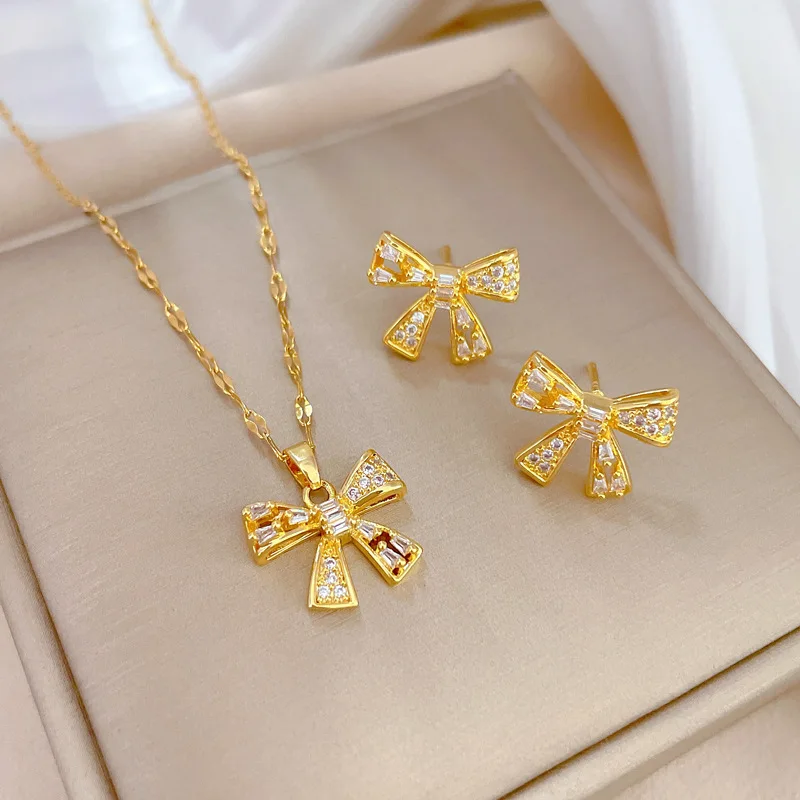 Fine Jewelry Set 18k Gold Plated Stainless Steel CZ Bowknot Pink Round Cut Zircon Pendant Necklace Earring Jewelry Gift