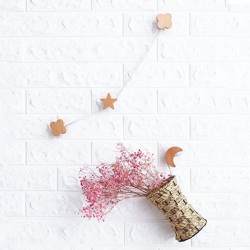 Wholesale Nordic Solid Wood Hook Star Moon Wall Hook Wall Coat Hook Free Perforated Wooden Nails