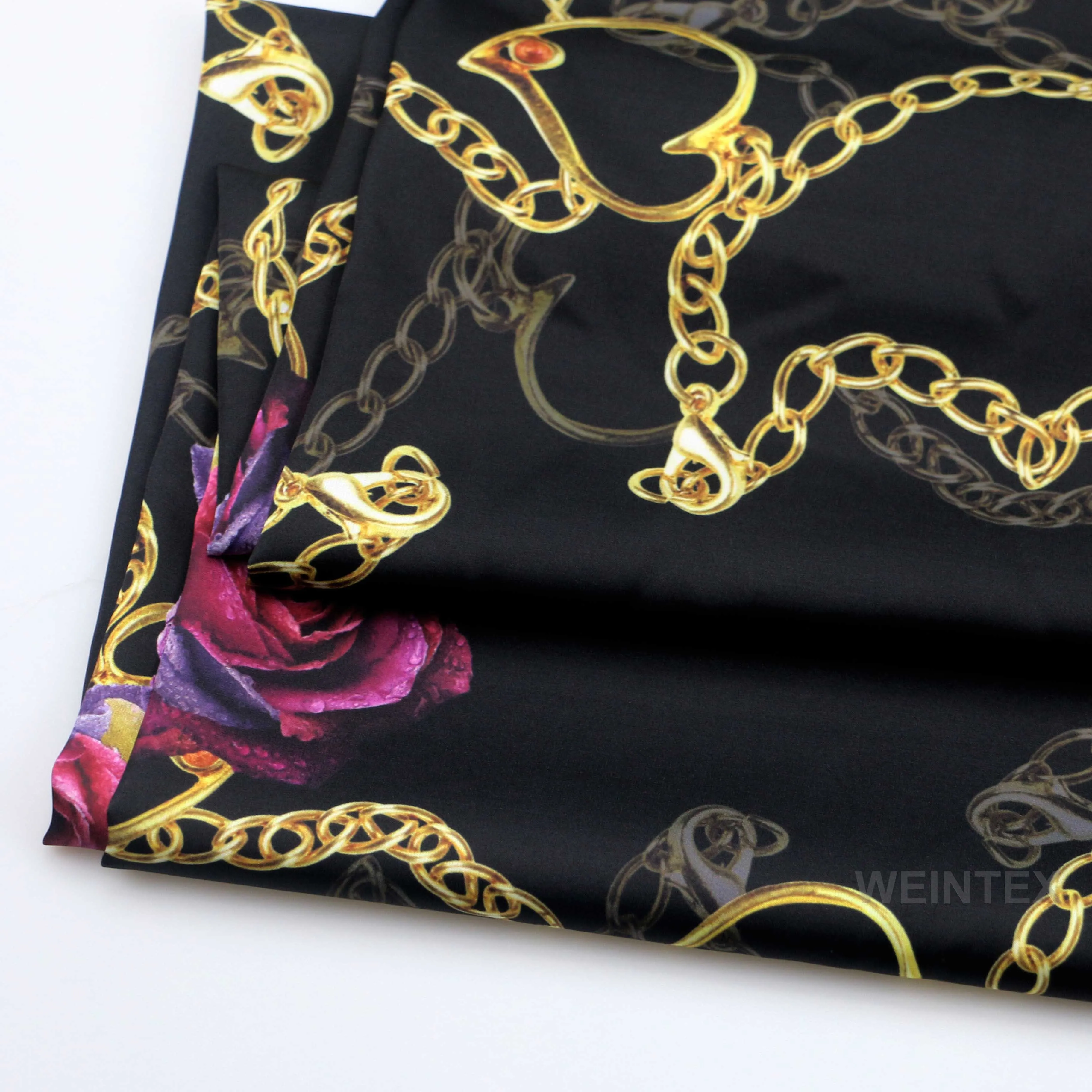 WI-E03-SM068 Custom gold chain and rose printed polyester spandex blend stretch satin fabric for abaya dress