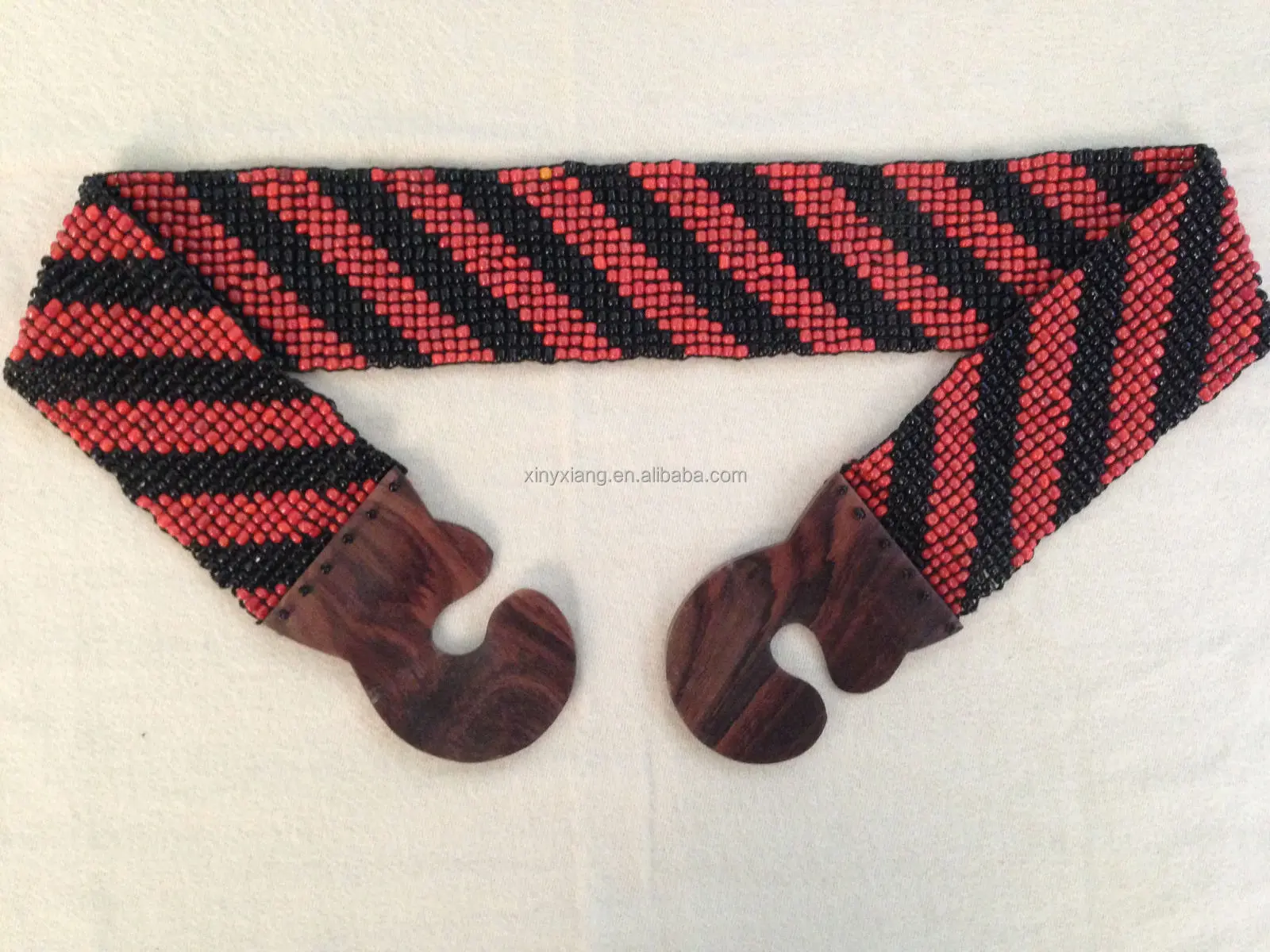 Factory Custom Beaded Stretch Belt, vintage beaded stretch belt with teak wood buckle, Rainbow Handmade Beaded Stretchy Belt