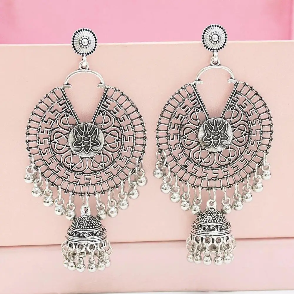 Long Tassel Statement Jhumka Earrings Indian Vintage Silver Gold With Birdcage For Women Party Ethnic Jewelry
