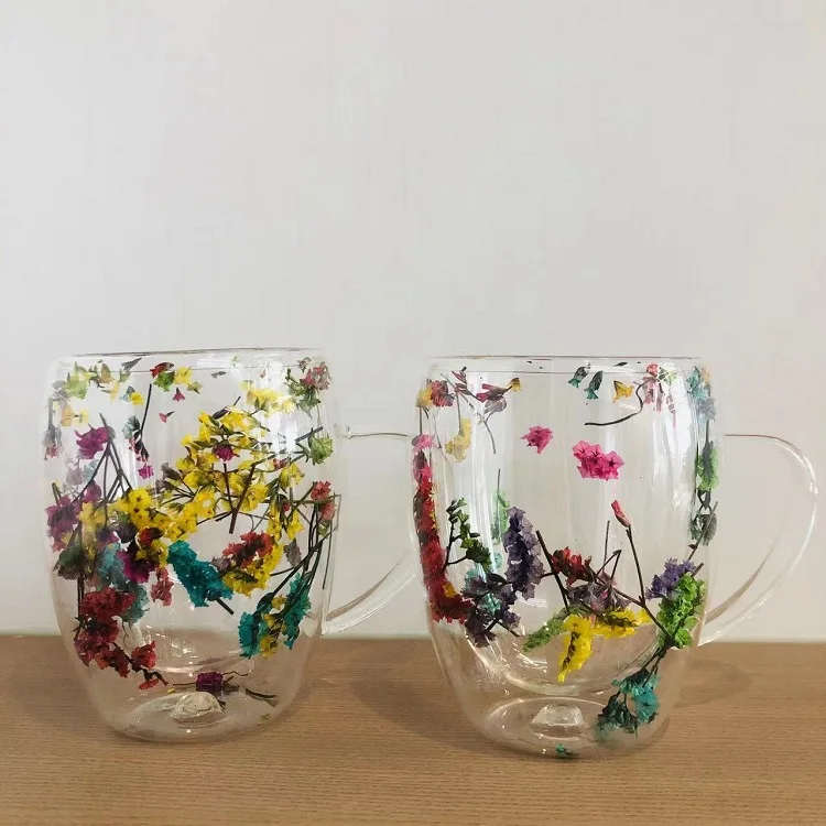 Custom Logo Heat Cold Resistant Borosilicate creative dry flower double wall glass mug cup