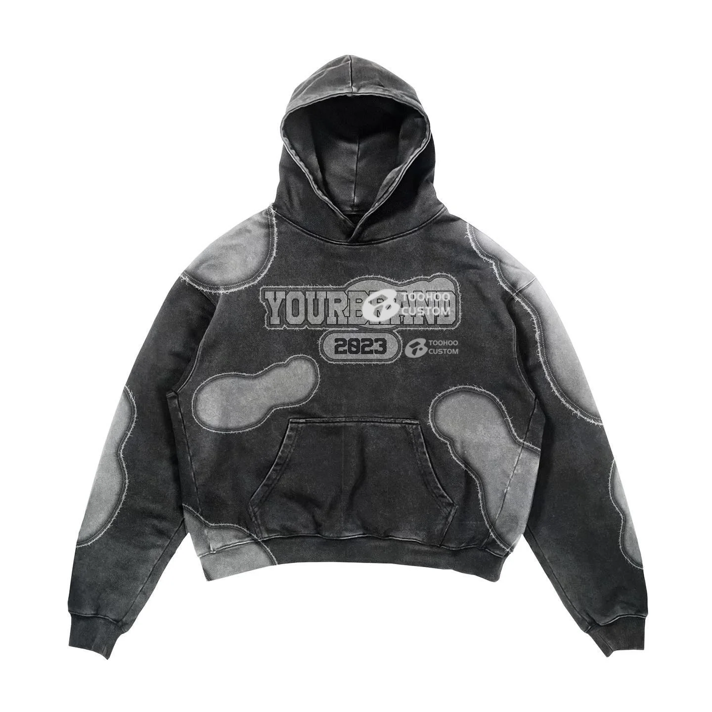 OEM Customizable Faded Premium Vintage Distressed Graphic Hoodie Plus Size Baggy Flare Pants Set Applique Beaded Plain Dyed