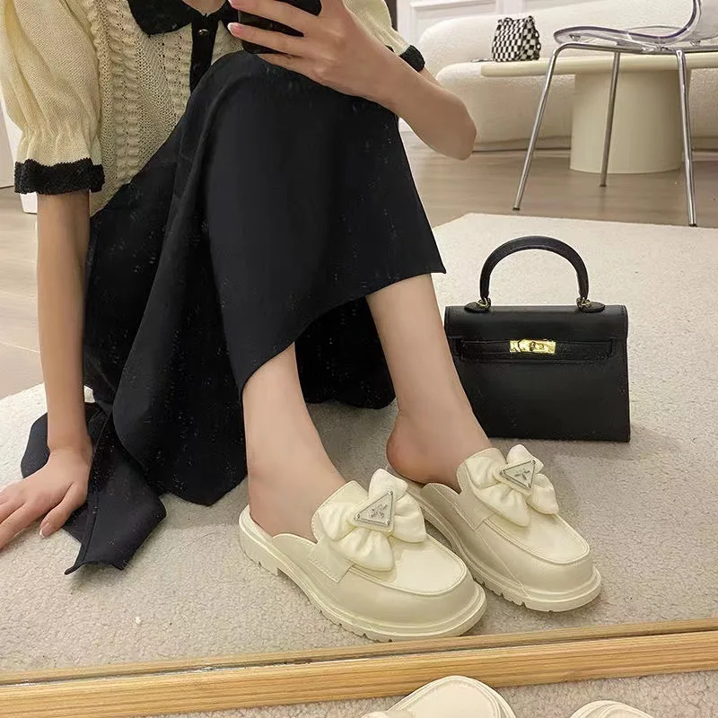 2023 New Black White Fashion Bow Button Loafers Women Chunky Shoes Slip on Spring Summer Female