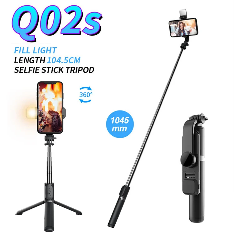 360 Rotation Q02s Foldable Phone Selfie Stick Tripod with LED Light 3 in 1 Extendable Wireless Bluetooth Flexible Selfie Stick