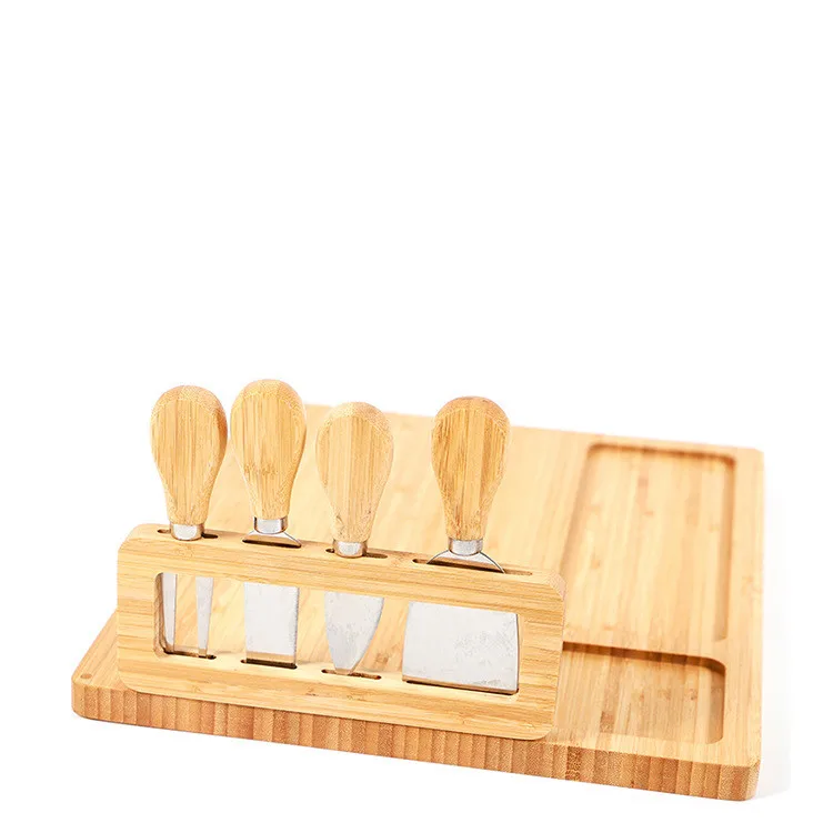 Kitchen Bamboo Cheese Board with Drawer Cheese Slate 4 Stainless Steel Knives Cracker Platter Cheese Cutting Board Sets