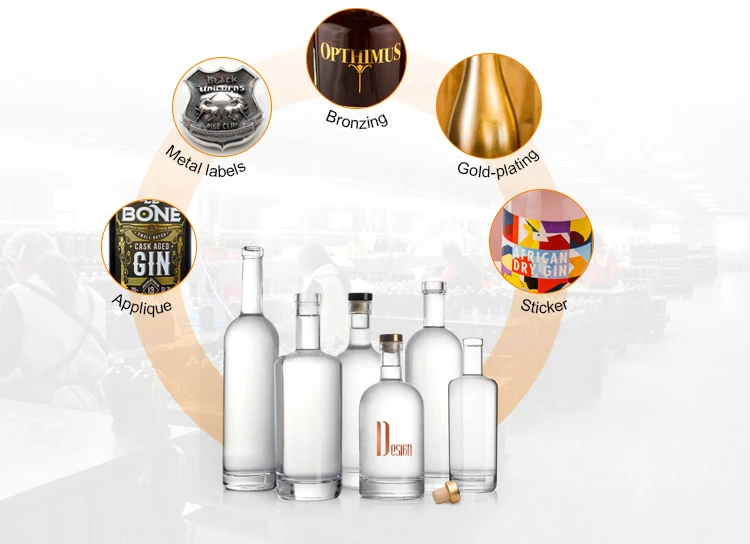 Wholesale 500ml 750ml Whiskey Spirit Bottle Vodka Gin Brandy Glass Liquor Bottle With Synthetic Cork OEM Color