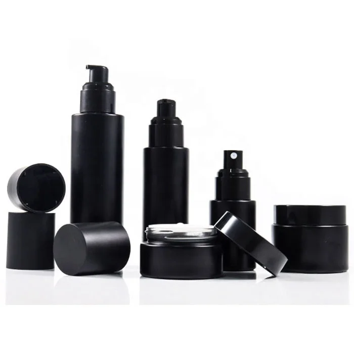 Wholesale Hight Quality Black Cosmetic Spray Bottles Face Cream Jars Cosmetic Glass Bottle Set