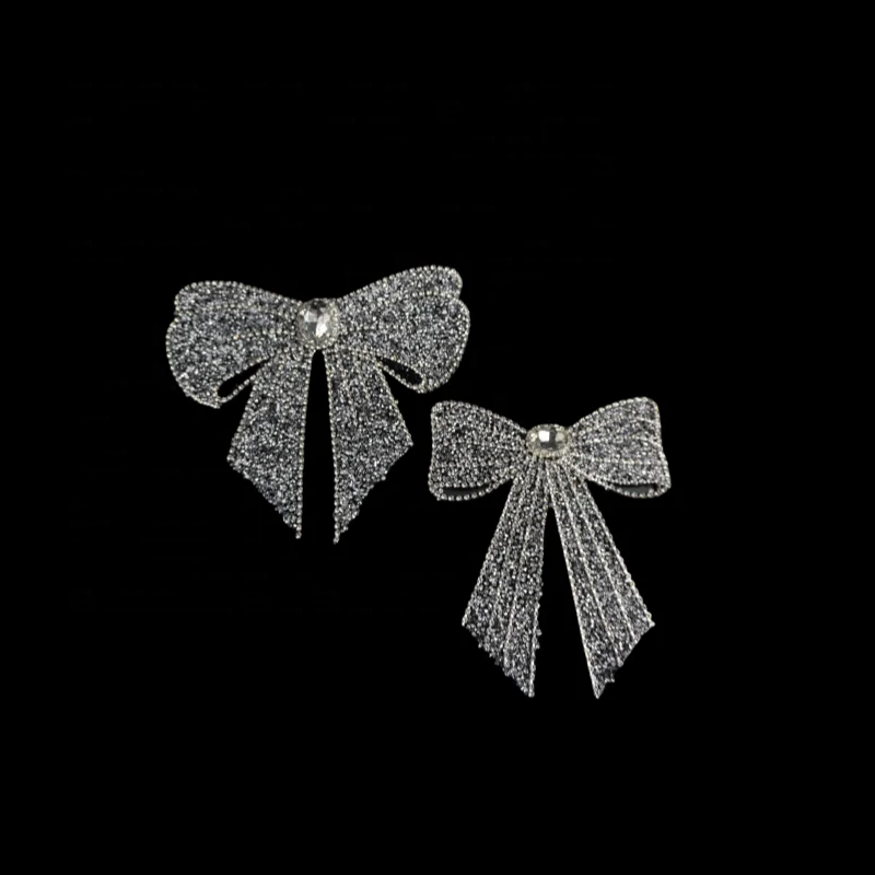 Wholesale silver color bow tie motif rhinestones beading patch bow tie rhinestone applique fabric