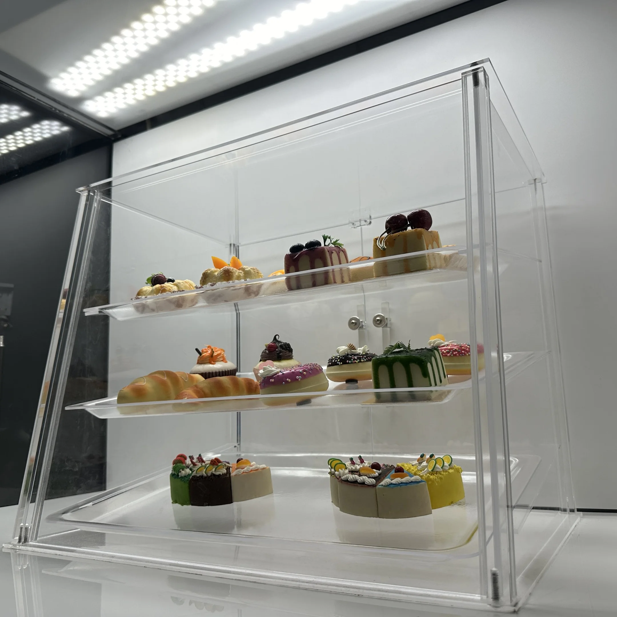Countertop 3 Tray Acrylic Display Case Clear Acrylic Pastry Display Cake with Rear Door Acrylic Pastry Display