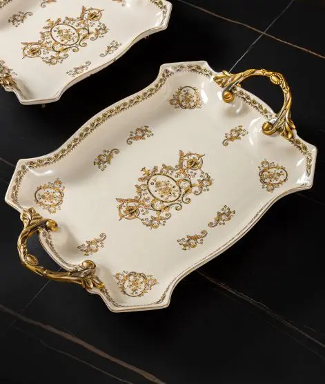 High quality custom  luxury kazakhstan dinnerware fruit nuts plate flower pattern brass ceramic  decoration fruit plate