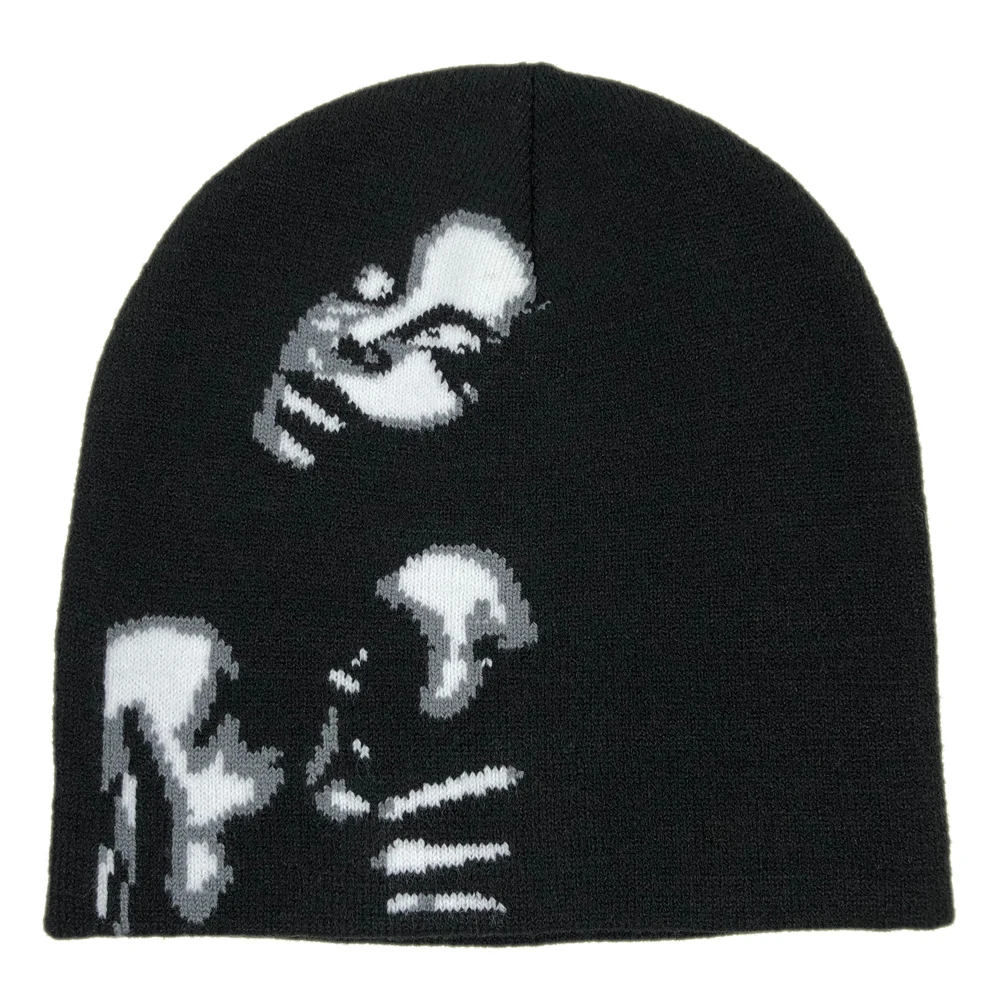 OEM custom logo pattern no fold beanie Men fashion black knitting winter hats Wind proof skull acrylic sports hip hop beanie