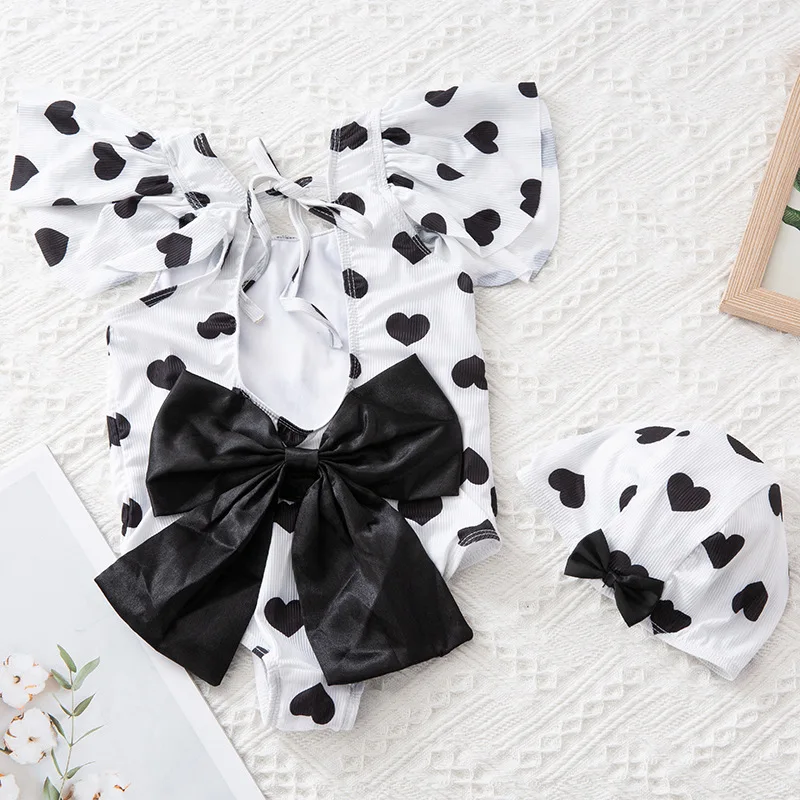 Factory Wholesale Bow Black Polka Dot Cute Young Girl Bikini Kids Swimwear,Private Label One Piece Swimsuit Baby Swimwear