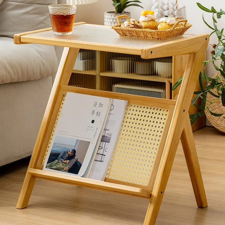 Wholesale Living Room Furniture Foldable Bamboo Side Table Portable Standing Sofa Side Coffee Table