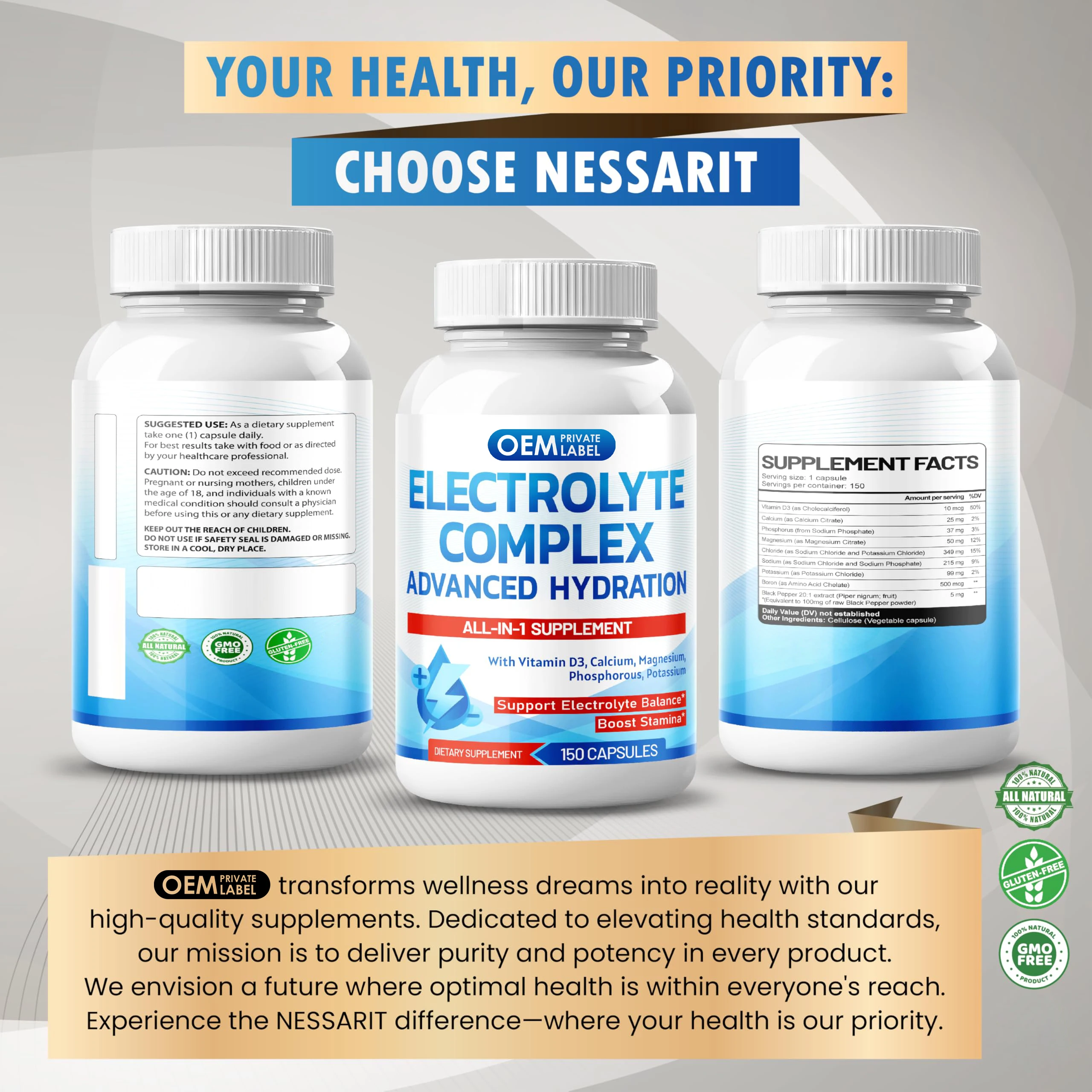 All in 1 Electrolyte Complex Capsules with Vitamin D3 Calcium Magnesium Phosphorus Potassium Electrolyte Capsules Supplement
