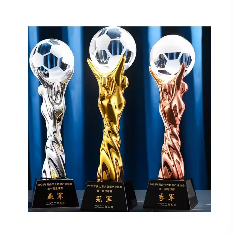 Custom Large Golden Silver Copper Colored Sports Awards Fantasy Football Soccer Trophy With Extravagant Crystal Ball On The Top