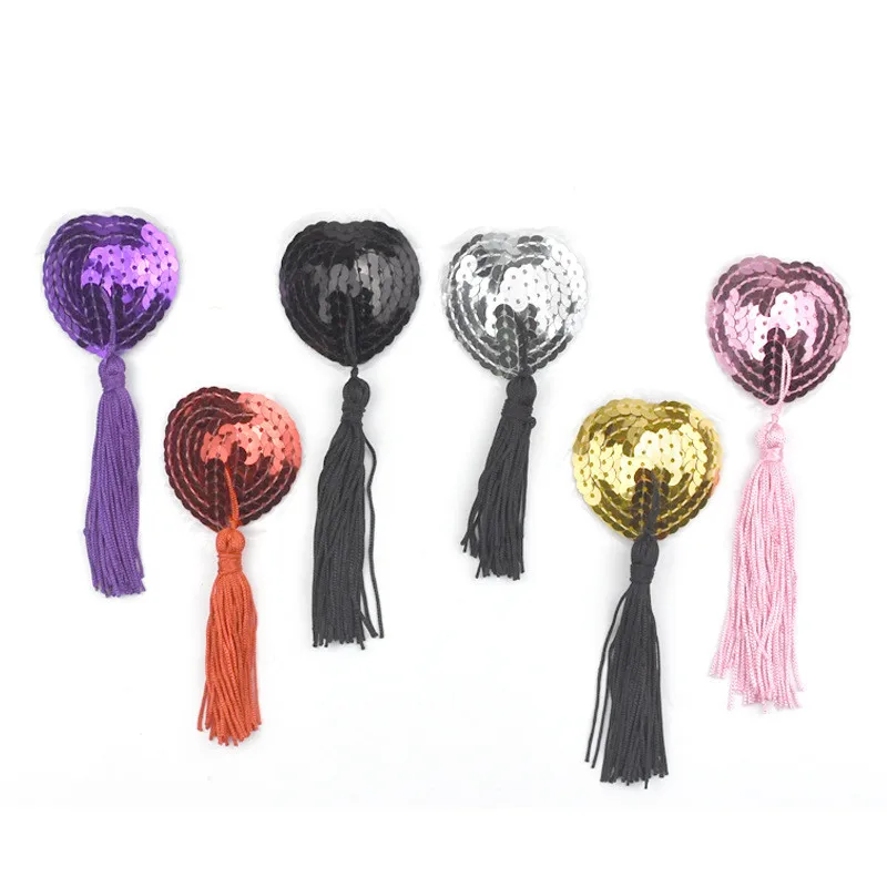 Reusable Adhesive Nipple Cover,Shiny Sequin Silicone Heart-Shaped Breast Pads Pasties Bra with Tassel