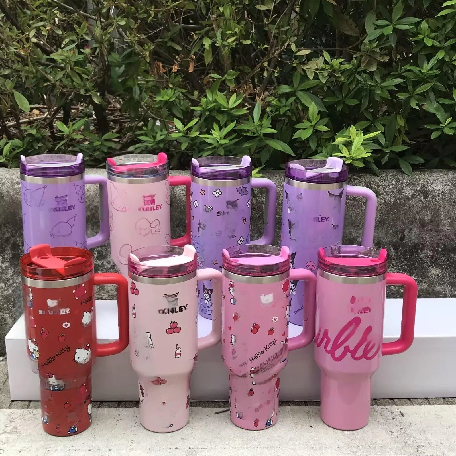Stan*ey 40oz Stainless Steel Dual Wall Tumbler Pink Cartoon Design Insulated Water Bottle for Kids for Tea Gift with Straw Lid