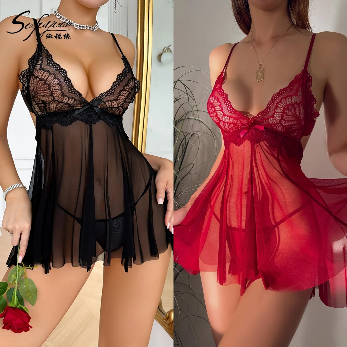 sfy3438 New Arrival Sexy Lace Mesh Babydoll Dress See Through Backless Tie Chemise Lingerie Ladies Hot Porn Woman Sexy Lingerie
