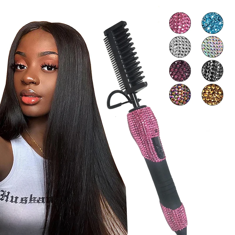 Rhinestone Anti-Scald Straightening Comb Pink 500 Degree Bling Hot Comb for Curly