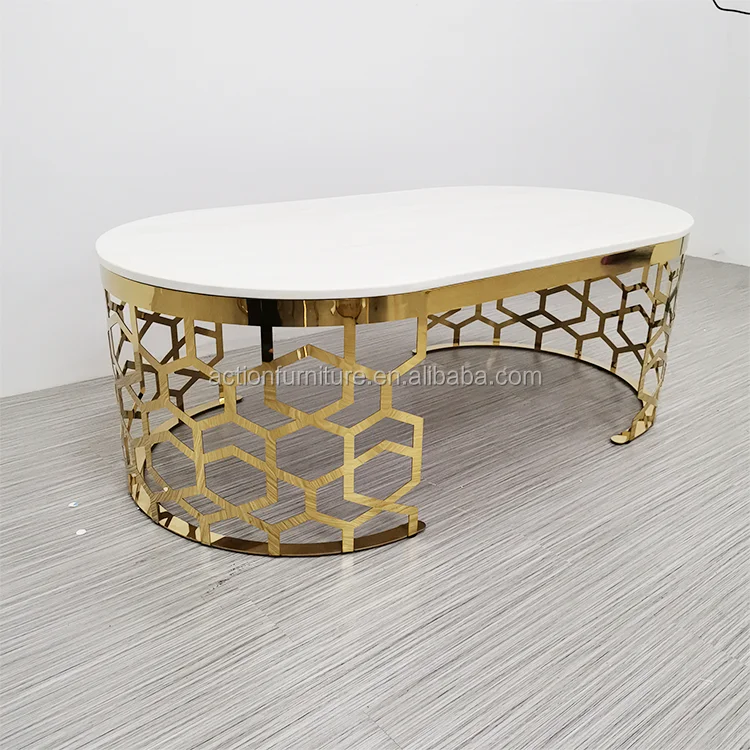 Hot Sale Stainless Steel Metal  With Round Marble Top White Coffee Table Side Table Chairs Set Center Table