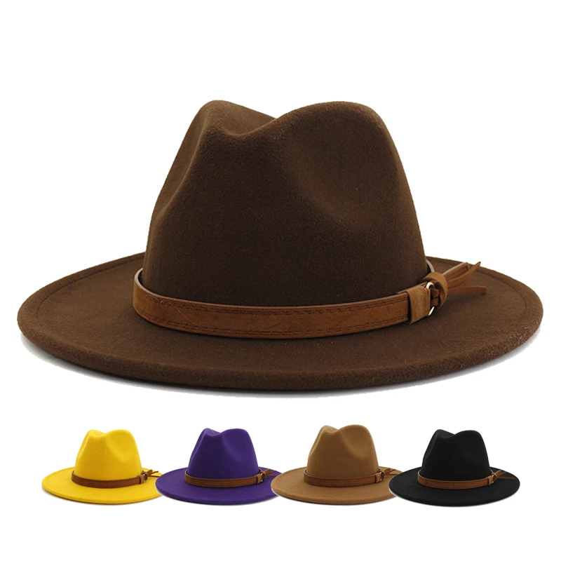 Men Women Vintage Wide Brim Fedora hat with Belt Felt Jazz Buckle hat fedora hats