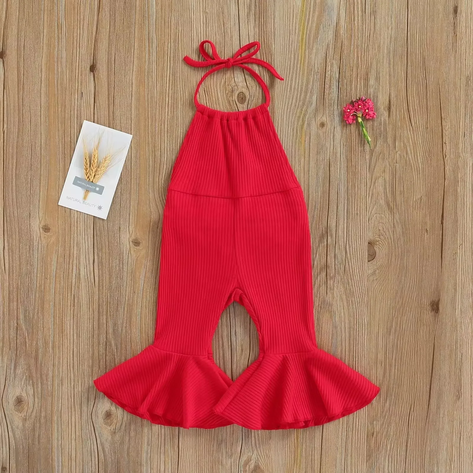 Summer Lovely Baby Girls Jumpsuits Pants Solid Ribbed Halter Jumpsuit Trousers for Toddler Girls Backless Flare Pants