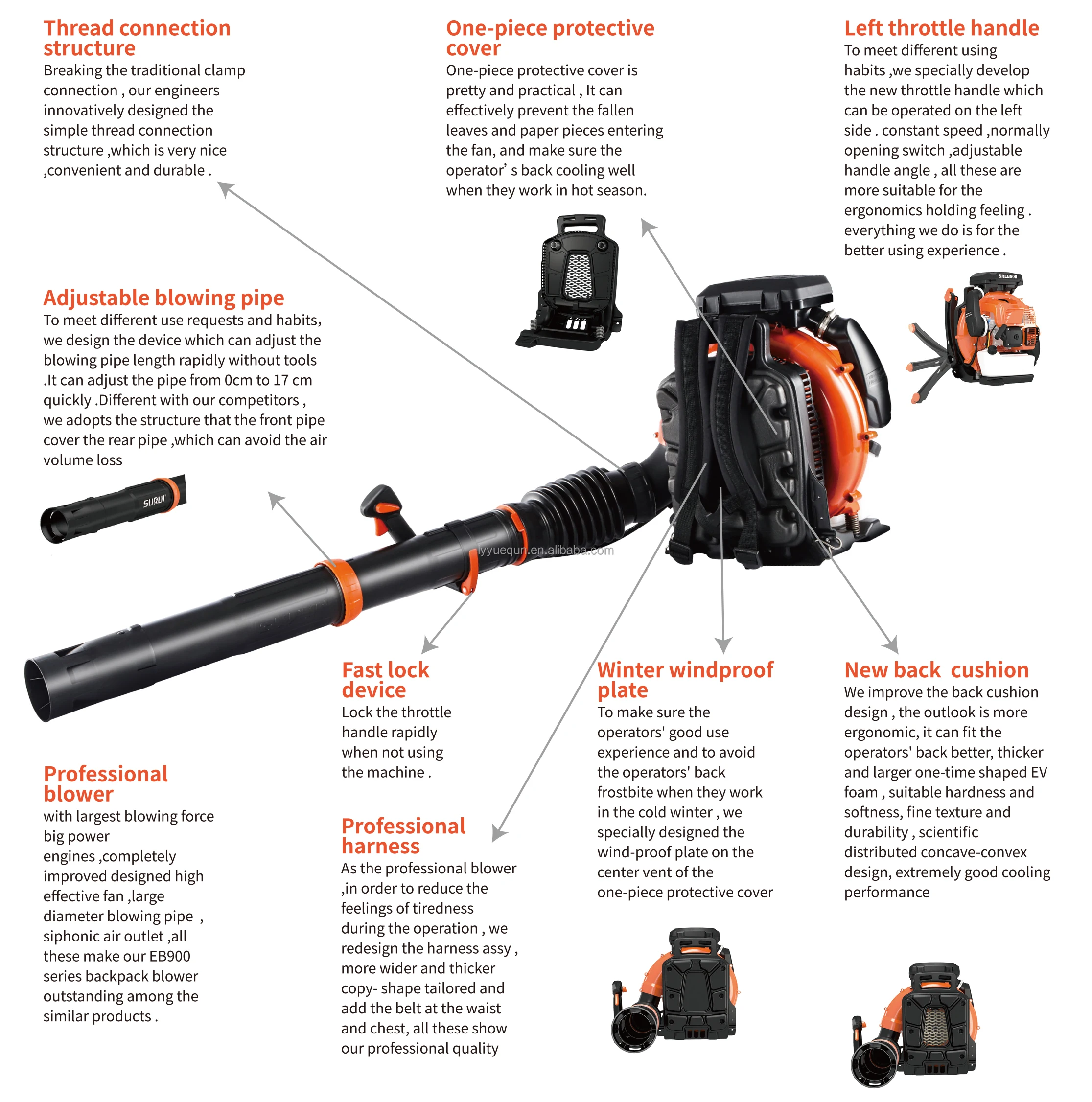 Gasoline Powered Blower 550 CFM 43CC 2-Stroke Petrol Snow Blower Engine 1.7HP Backpack Gas Leaf Blower