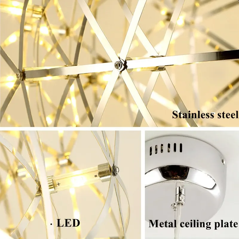 Firework Spark Ball LED Pendant Light Modern Stainless Steel Hanging Lamps Home Decor Chandelier Lighting AC110-240V Input