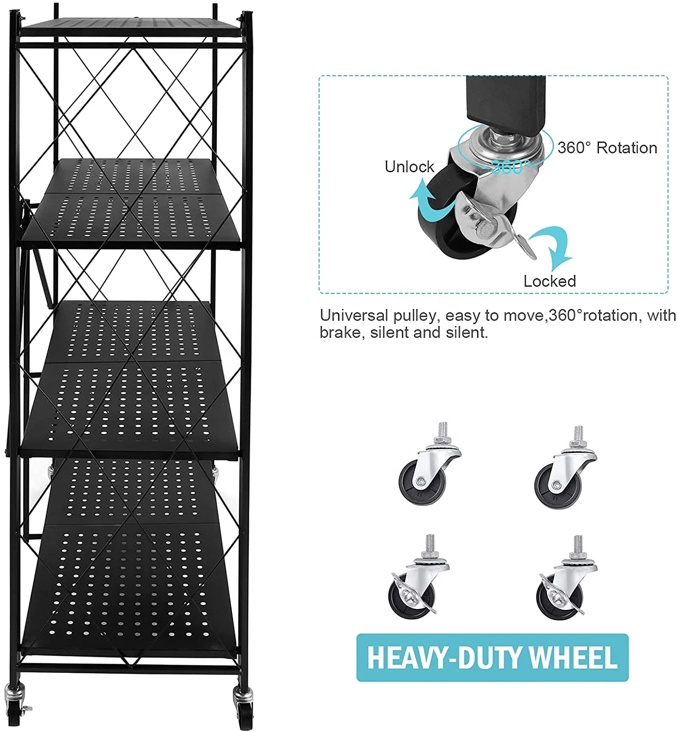 Folding Shelf 5 Tiers Household Steel Storage Shelf Rack No Assembly Kitchen Storage Foldable Rack Shelf On Wheels